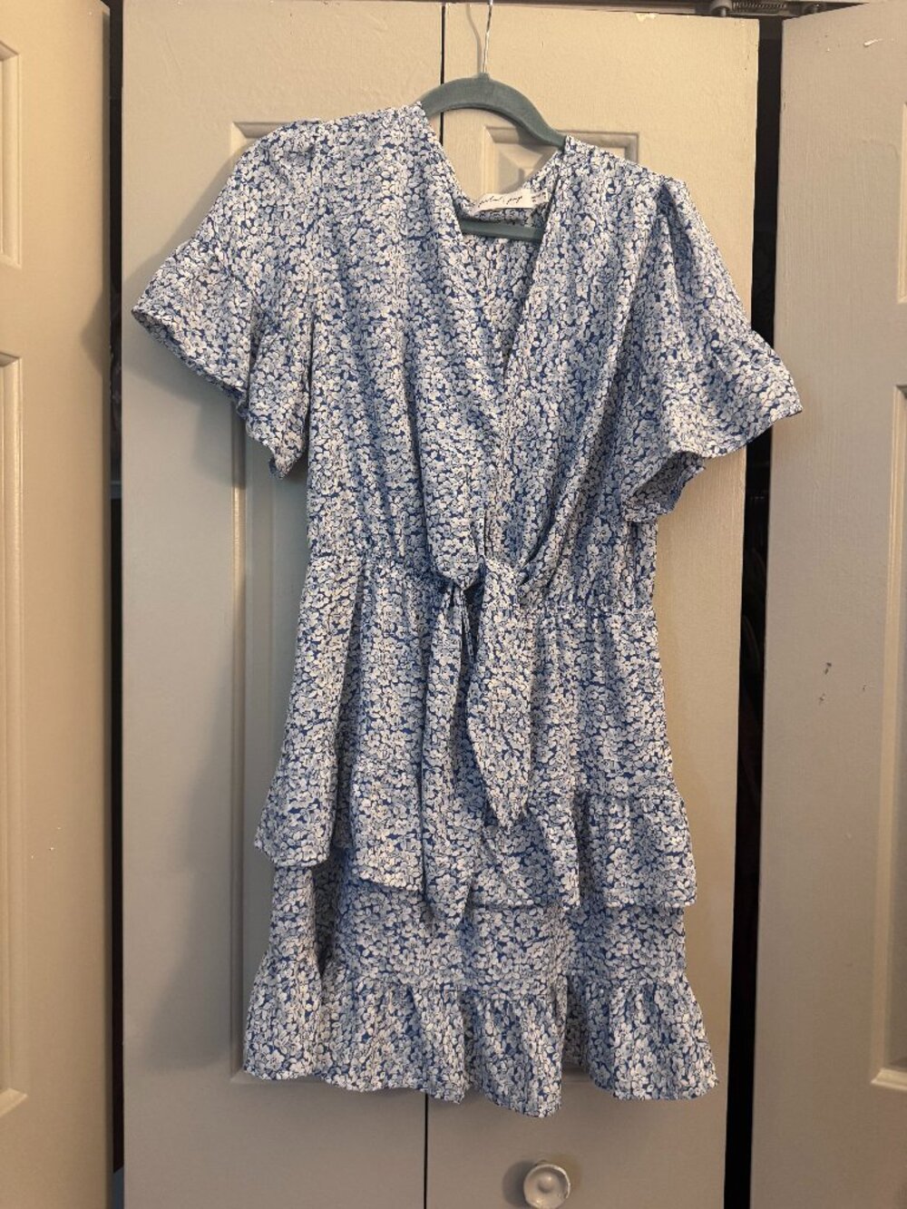 Petal & Pup Blue Floral Tie Front Tiered Mini Dress